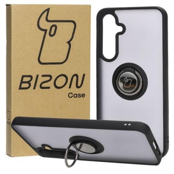 Etui z uchwytem na palec Bizon Case Hybrid Ring do Galaxy S24 FE, przydymione z czarną ramką