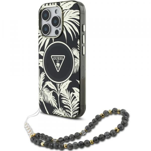 OUTLET: Etui Guess Palm Trees Triangle Pearl Strap MagSafe do iPhone 16 Pro, czarne