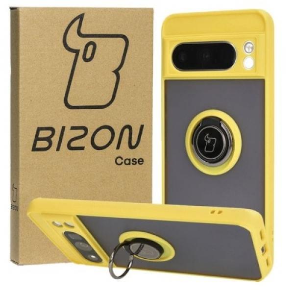 Etui z uchwytem na palec Bizon Case Hybrid Ring do Google Pixel 8 Pro, przydymione z żółtą ramką