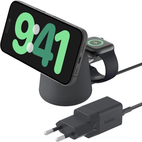 OUTLET: Ładowarka indukcyjna Belkin Boost Pro MFi 2w1 Qi 15W WIZ020 dla iPhone z MagSafe / Apple Watch, ciemno-szara