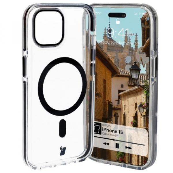 Etui z pierścieniem magnetycznym Bizon Case Marco do iPhone 15, przezroczyste z czarną ramką