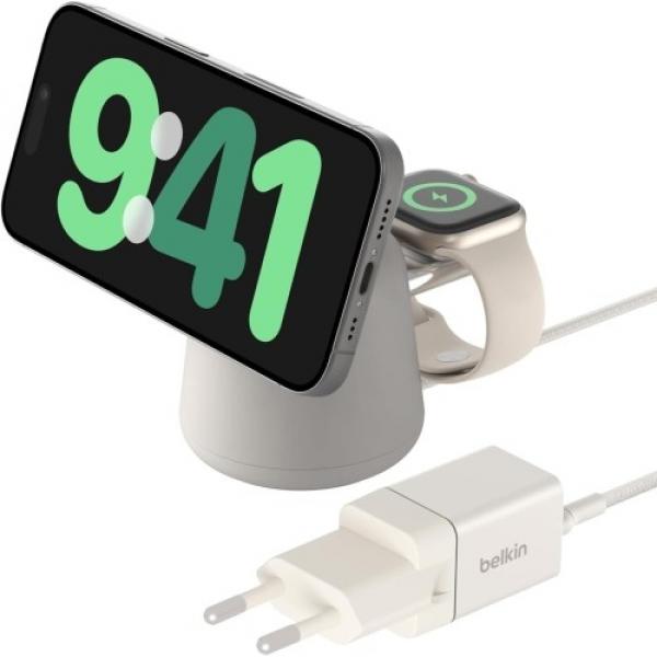 Ładowarka indukcyjna Belkin Boost Pro MFi 2w1 Qi 15W WIZ020 dla iPhone z MagSafe / Apple Watch, jasno-szara