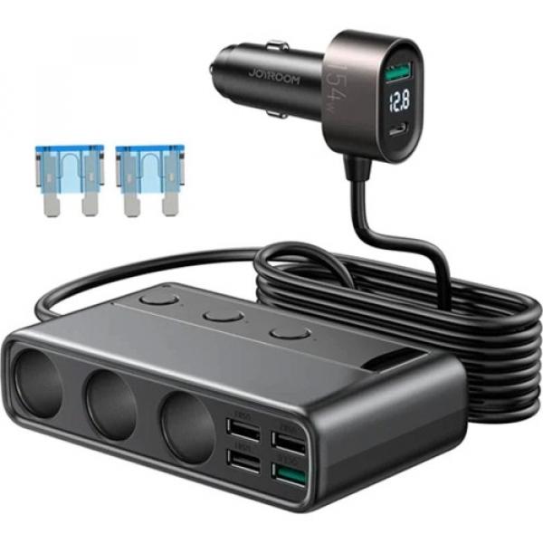 Ładowarka samochodowa 9w1 Joyroom JR-CL06 154W, 5x USB-A QC/1x USB-C PD/3x gniazdo zapalniczki, czarna