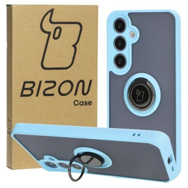 Etui z uchwytem na palec Bizon Case Hybrid Ring do Galaxy S24 Plus, przydymione z jasnoniebieską ramką